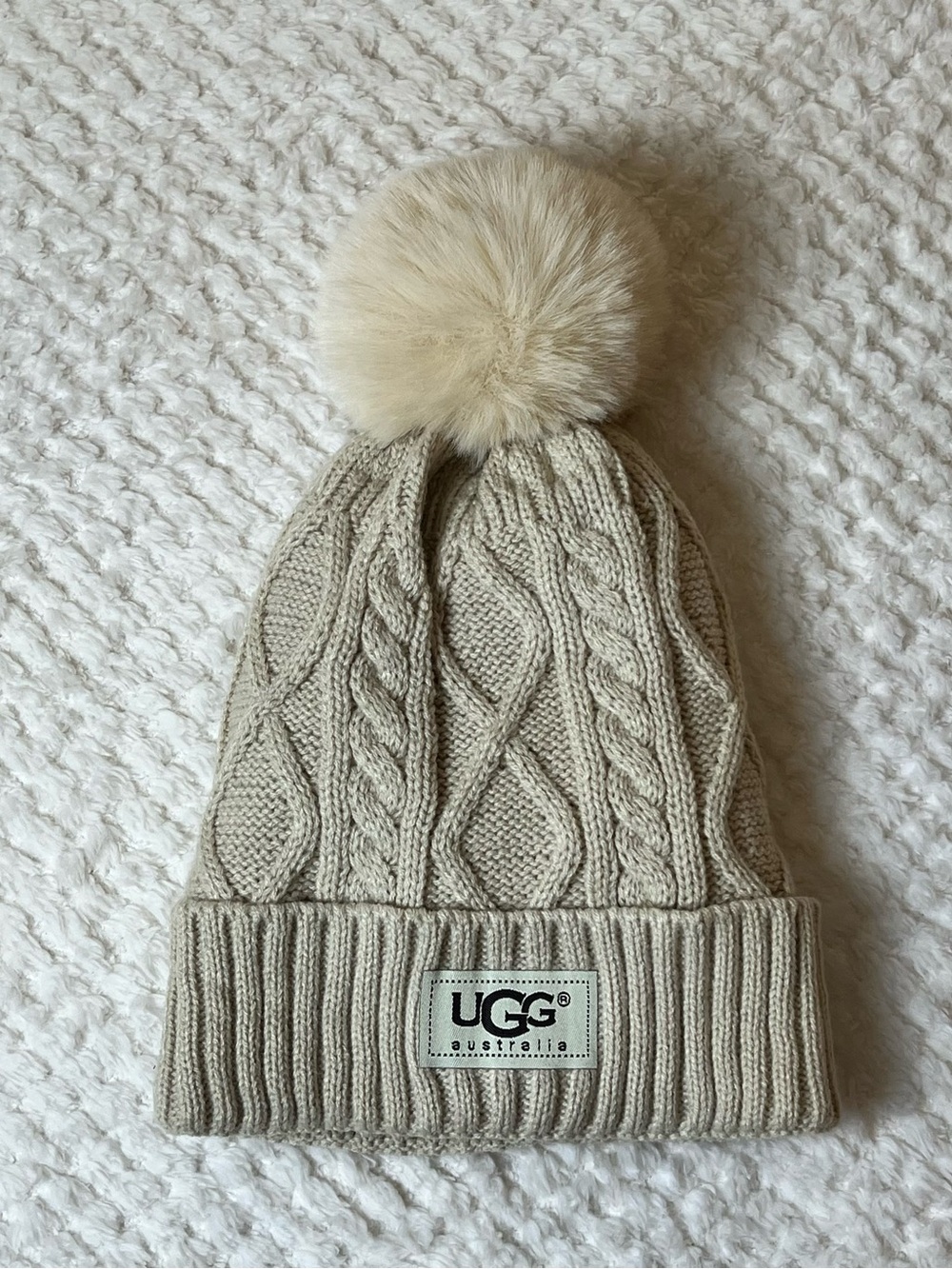UGG Cable Knit Pom Beanie in Light Tan - Soft Cozy Winter Outdoor Fun